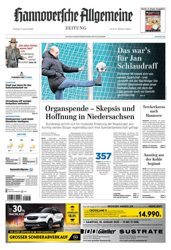 Hannoversche Allgemeine Zeitung Vom 17.01.2020 – Als EPaper Im IKiosk Lesen